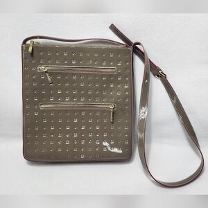 Arcadia Italy Patent Leather Crossbody Bag Taupe Embossed Logo NEW Without Tags